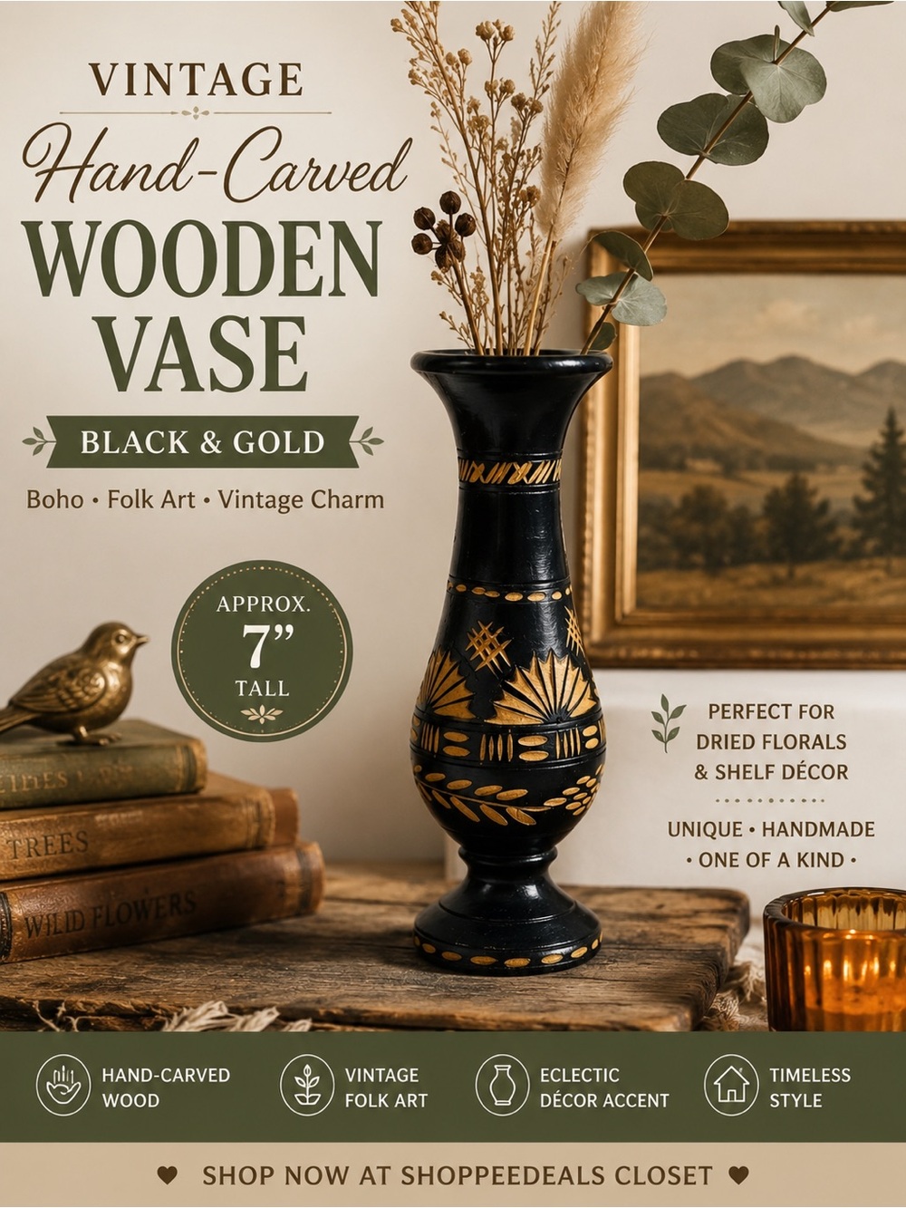 Vintage Hand-Carved Black & Gold Wooden Bud Vase / Folk Art Decorative Vessel